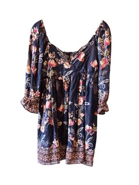 ANGIE Boho Floral Navy Blue V Neck Long Sleeve Dress Large Festival Spring